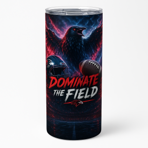 =20 oz skinny stainless steel tumbler with raven and football artwork and the words 'Dominate the Field,' includes splash-proof lid.