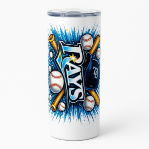 =White tumbler with blue splash art featuring bold “RAYS” lettering, baseballs, bats, and a navy cap graphic