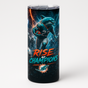=20 oz skinny stainless steel tumbler with football-themed dolphin artwork and the text “Rise of Champions,” includes splash-proof lid and reusable straw