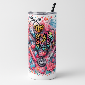 =White 20 oz skinny stainless steel tumbler with colorful RN nurse design featuring stethoscope, hearts, syringes, and roses, shown with a clear splash-proof lid and black reusable straw.