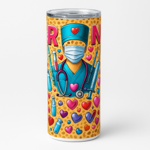 =20 oz skinny stainless steel tumbler with RN nurse illustration, hearts, and medical icons on a golden dotted background, with splash-proof lid and reusable straw.