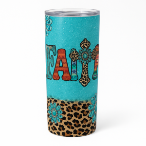 =Turquoise 20 oz skinny tumbler with FAITH lettering, leopard-print cross, teal flowers, and leopard-pattern base.