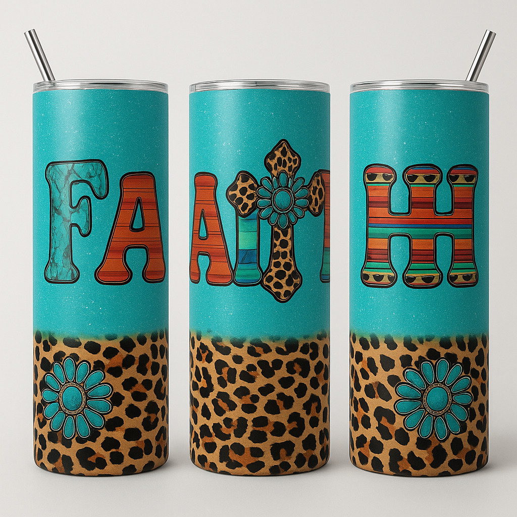 Turquoise Faith Leopard Cross 20 oz Skinny Tumbler - Image 2