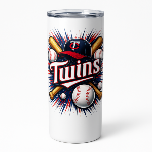 =White tumbler with bold “Twins” lettering, navy-and-red cap, baseballs, and bats in an explosive comic-style burst
