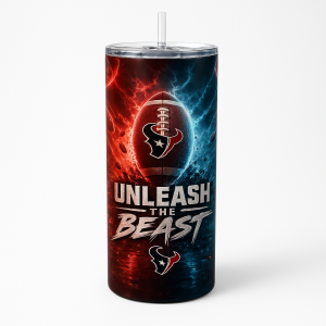 =Tall tumbler with clear lid and straw featuring a red-and-blue lightning design, football graphic with bull emblem, and the text 'Unleash the Beast'.