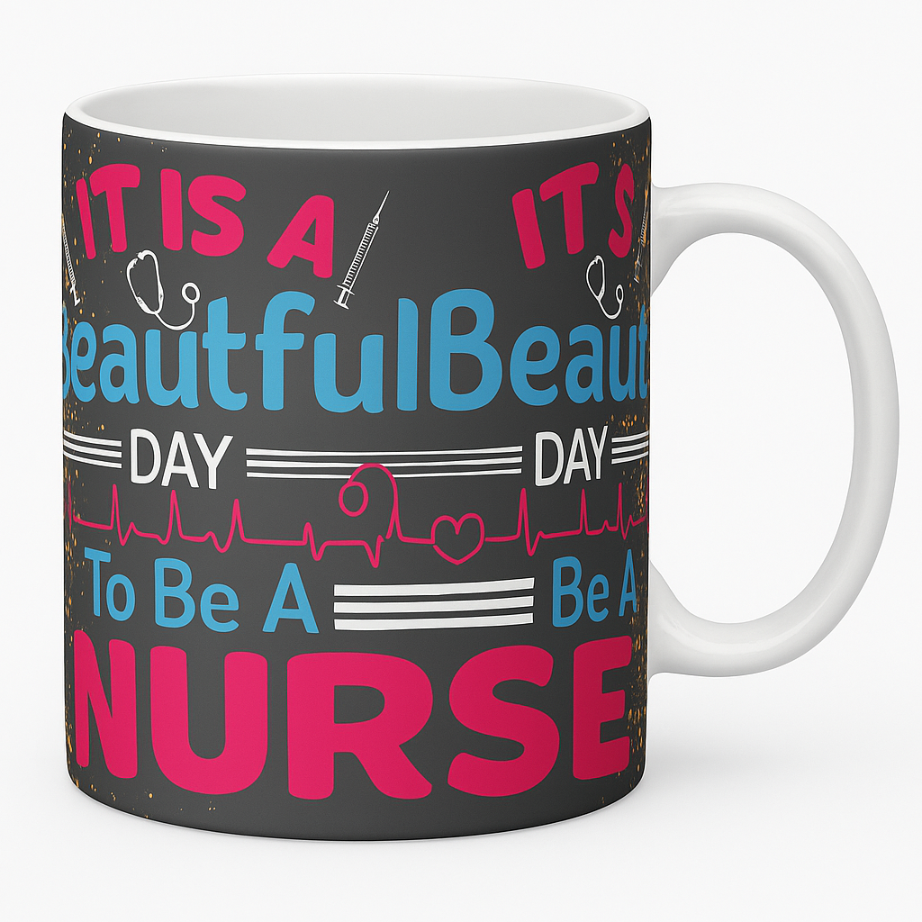 =15 oz white ceramic mug with the phrase It’s a Beautiful Day to Be a Nurse in pink and blue on a dark background with stethoscope, syringe, and heartbeat line.