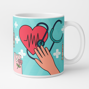 =15 fl oz white ceramic mug with teal medical-themed illustration featuring a red heart with EKG line, stethoscope, hand, syringes, and plus signs
