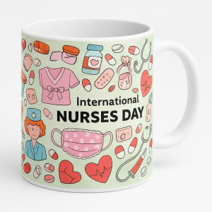 =White ceramic 15 fl oz mug with pastel green medical doodles—stethoscope, pills, hearts, scrubs, syringe, floral mask—and the text “International Nurses Day.”
