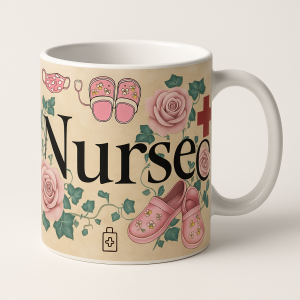 =White ceramic 15 oz mug with beige background, bold “Nurse” text, pink roses and green vines, and small nurse-themed icons including a stethoscope, mask, clogs, and a red cross.