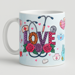 =15 fl oz white ceramic mug with pale blue wrap featuring bold patterned “LOVE,” roses, stethoscope, syringe, nurse caps, hearts, and scrubs icons.