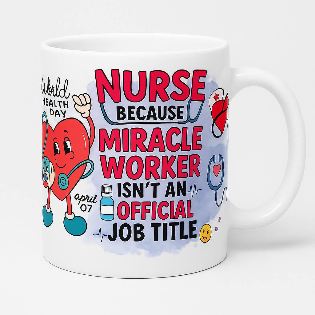 =White ceramic 15 oz mug with colorful nursing-themed graphics and the phrase Nurse because miracle worker isn’t an official job title