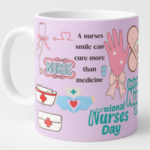 =15 oz white ceramic mug with lavender nurse-themed design, icons, and the quote “A nurses smile can cure more than medicine,” ideal for Nurses Day.