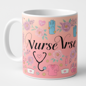 =NurseVerse floral nurse icons on a pink background printed on a white 15 fl oz ceramic coffee mug, approximately 3.25 inches wide by 4.5 inches high.
