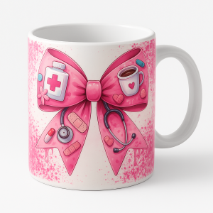 =White ceramic mug with a large pink bow and medical icons—stethoscope, pill bottle, bandages, and a small coffee cup—on a pink splatter background