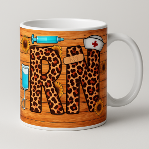 RN Leopard Print Sunflower Nurse Mug – 15 oz White Ceramic