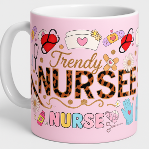 =Pink nurse-themed ceramic mug with leopard-print “NURSE” text and playful medical doodles like stethoscopes, bandages, gloves, hearts, and daisies.
